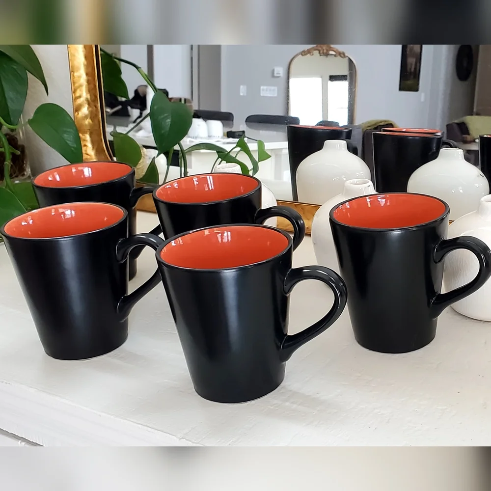 Pier 1, Set of 5, Ebony Rim Coral Colorblock Stoneware Coffee Cups, 14oz, EUC